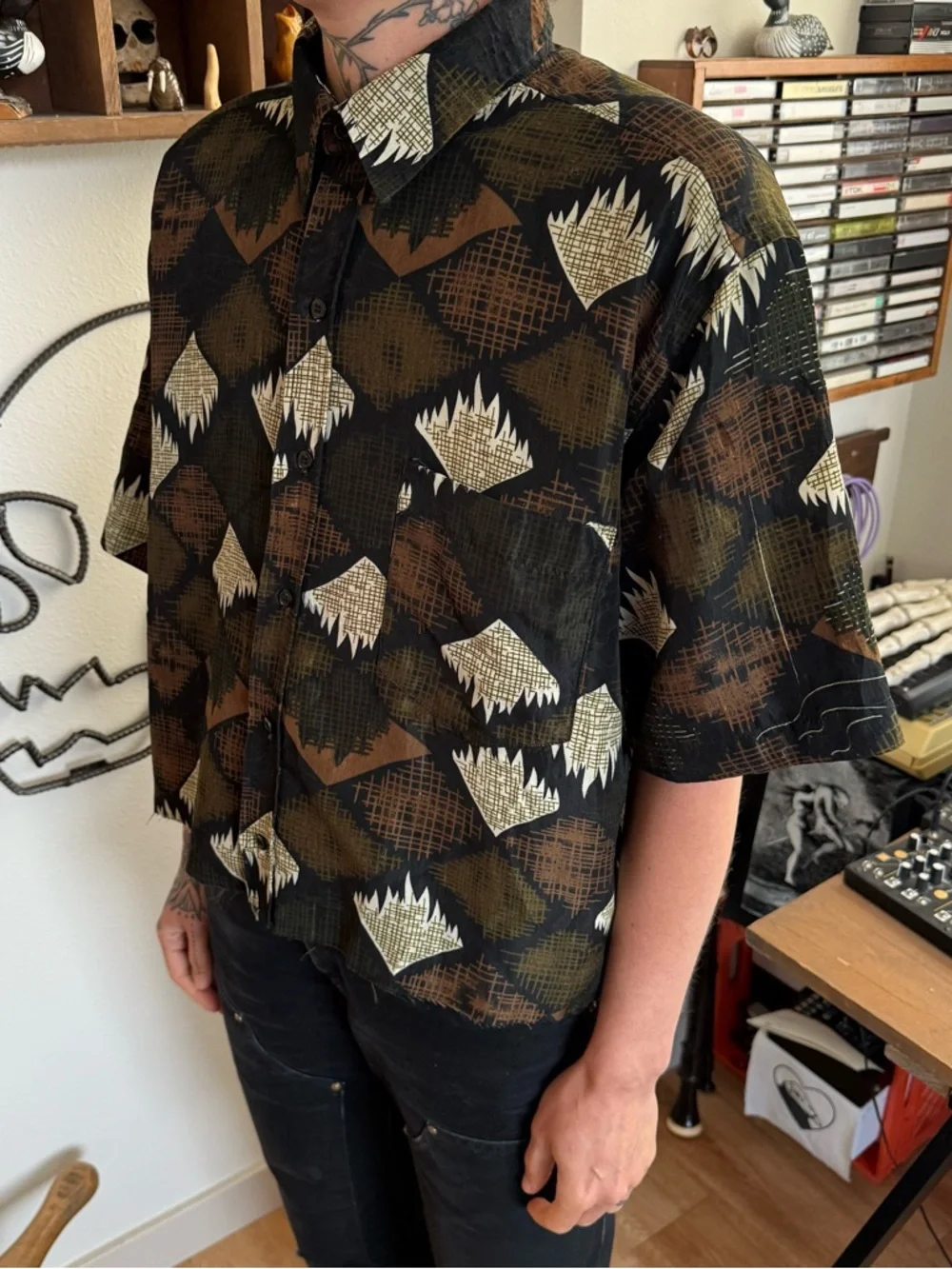 Vintage 90s Camel Cigarettes Cropped Earthy S/S Button Down ~ Size XXL - Picture 4 of 10